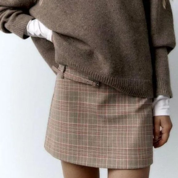 High waisted skort, Taupe borwn plaid, Zara, size S - Picture 1 of 12